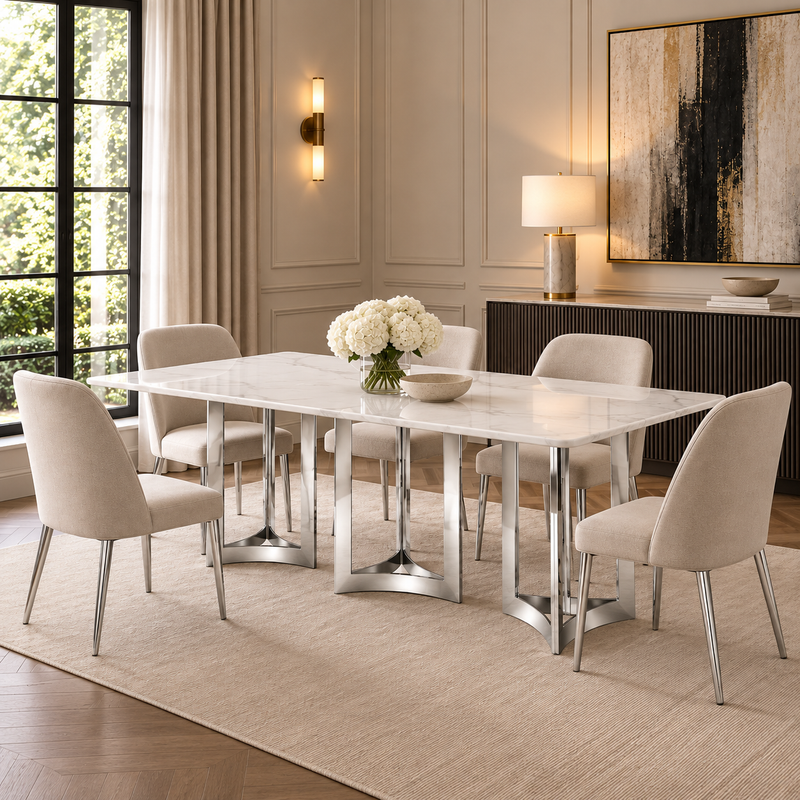 Alexa Dining Table Silver Base and 295 CM White Marble
