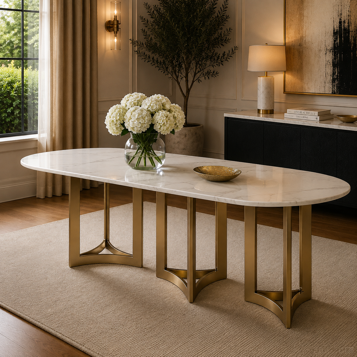 Alexa Dining Table Gold Base and 295 CM Oval White Marble