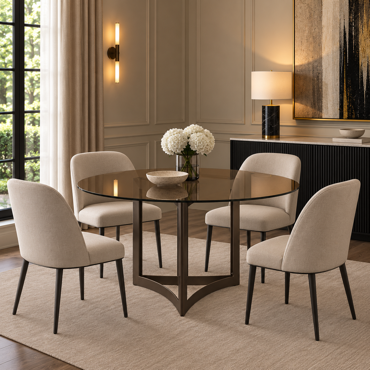 Alexa Dining Table Bronze Base and 180 CM Round Gold Glass