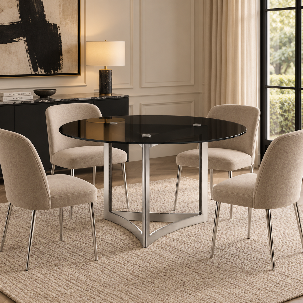 Alexa Dining Table Silver Base and 150 CM Round Black Glass