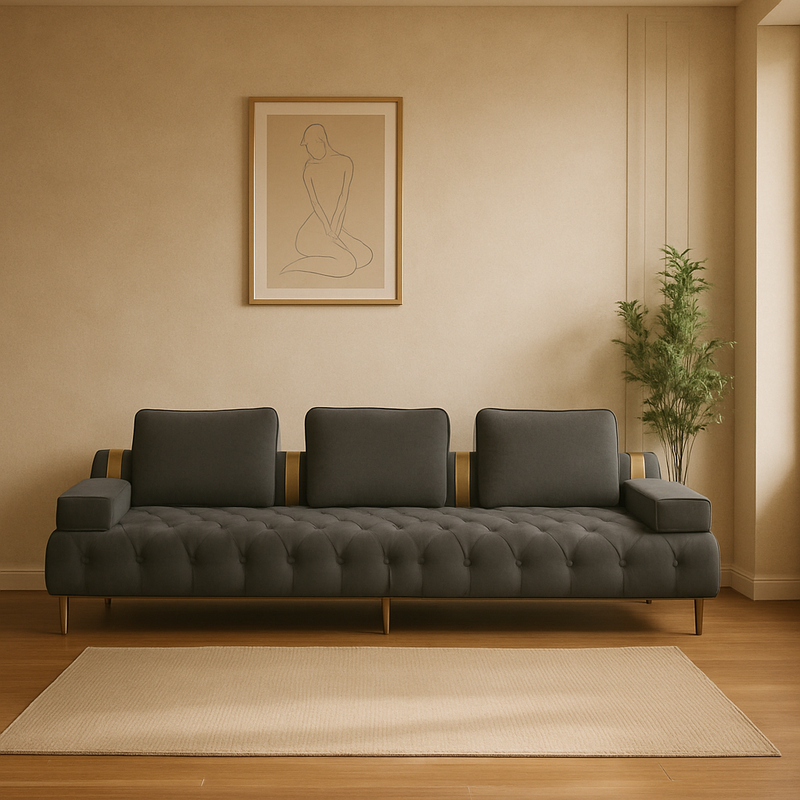 كنبة 4 مقاعد بتصميم tufting باللون الرمادي الداكن