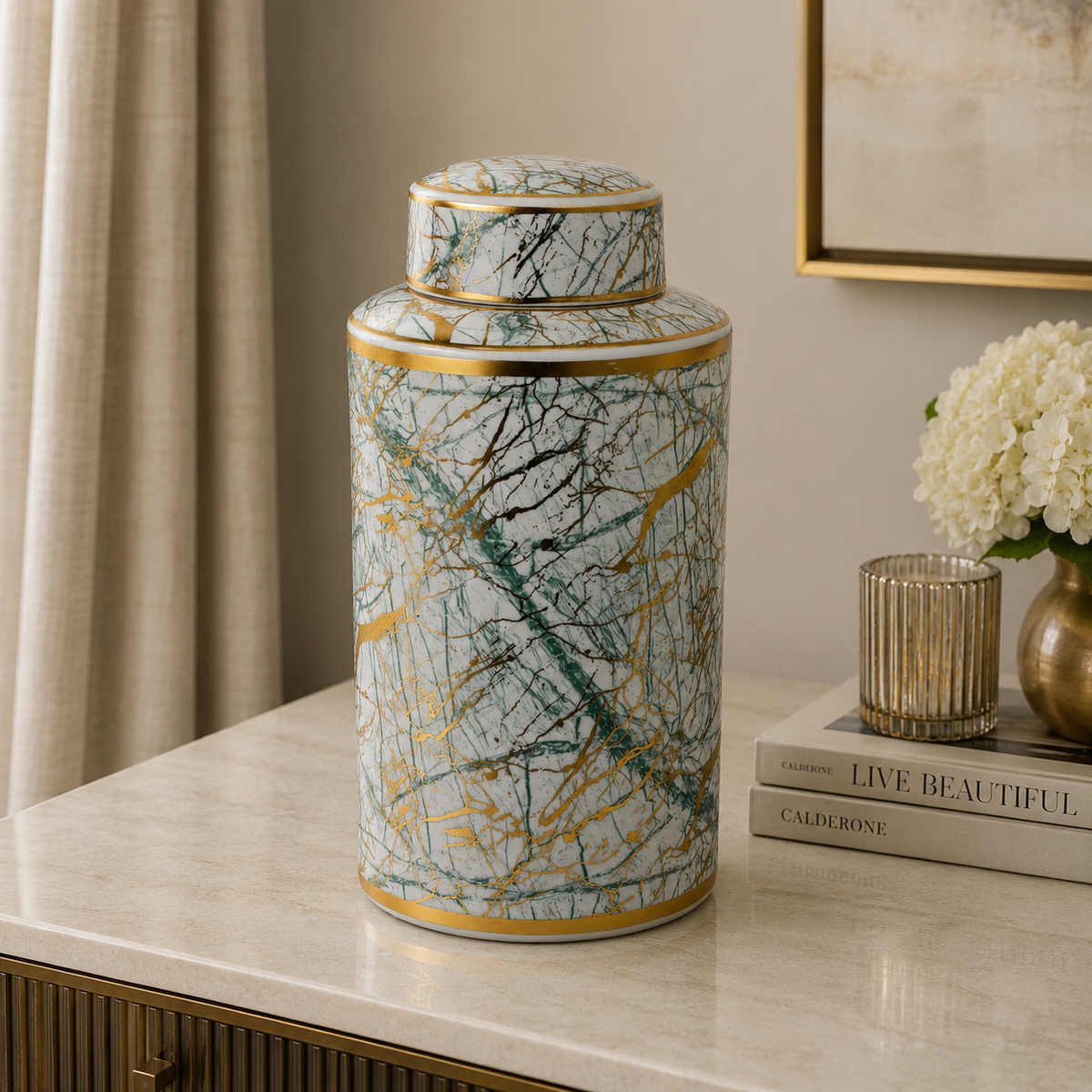CER, 9"H ROUNDED JAR W/ LID, BLUE