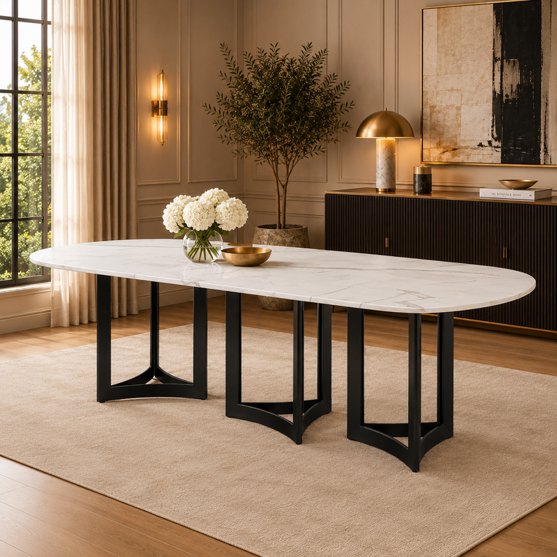 Alexa Dining Table Black Base and 295 Oval CM White Marble