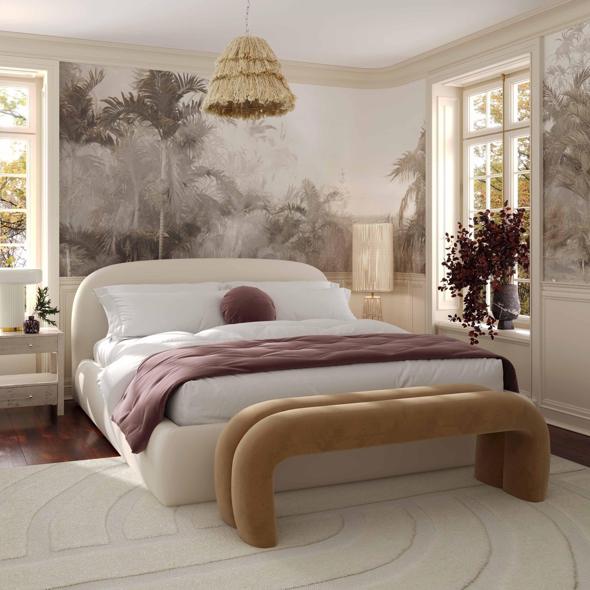 Bara Cream Textured Velvet King Bed Beds| TOV