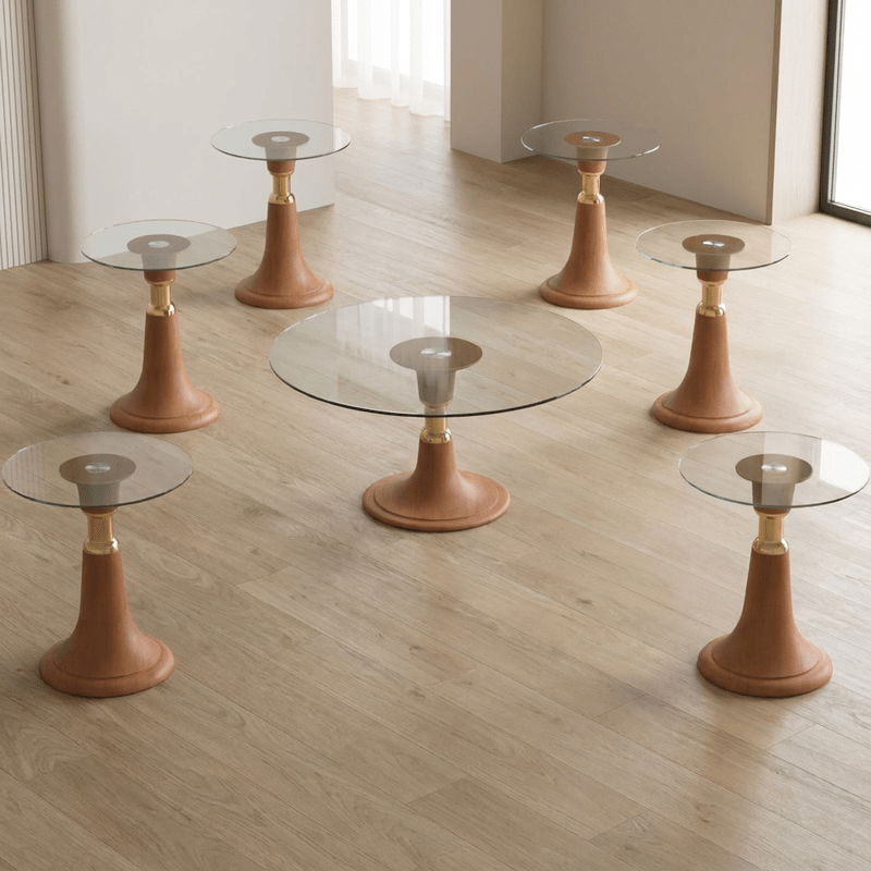 Barista Round Glass and Wood Coffee Table Set 1+6 – Classic Brown Coffee Table Set| Otath