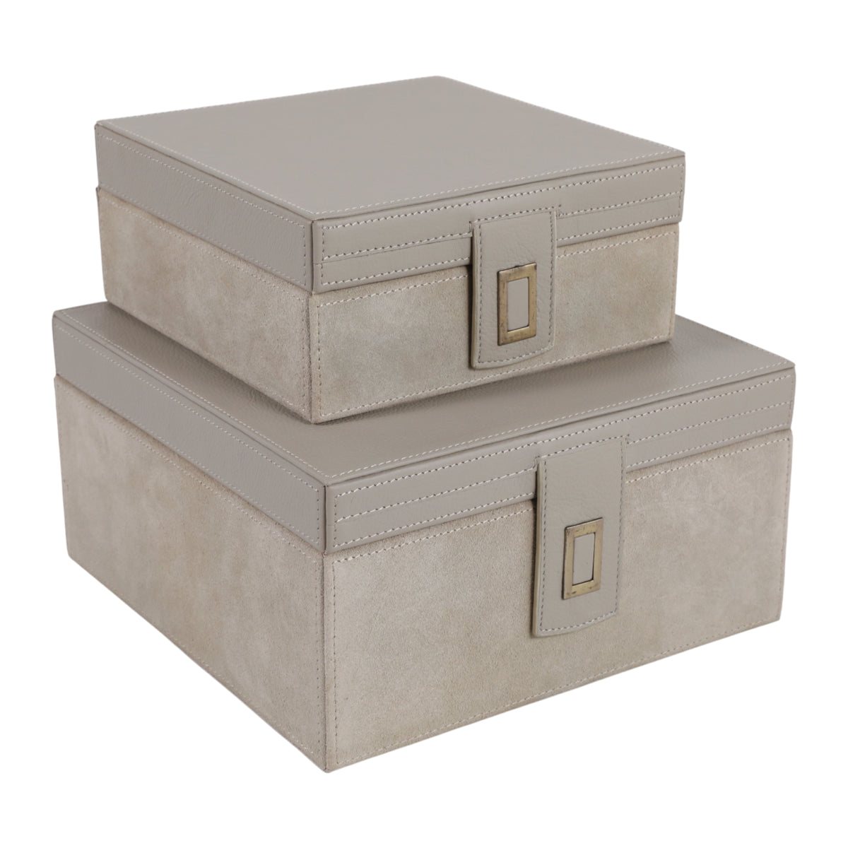 S/2 7/9" HAMDEN TAUPE LEATHER BOXES