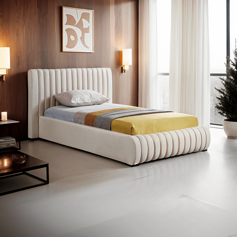 Bed – Beige Linen Upholstered - f - Al Rugaib Furniture