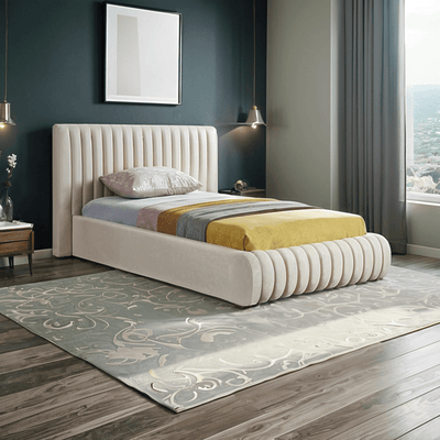 Bed – Beige Linen Upholstered - f - Al Rugaib Furniture
