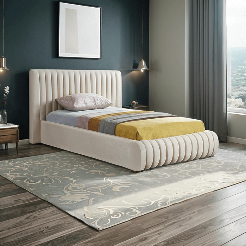 Bed – Beige Linen Upholstered - f - Al Rugaib Furniture