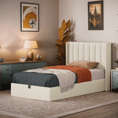 Bed –Beige Velvet Upholstered - k - Al Rugaib Furniture