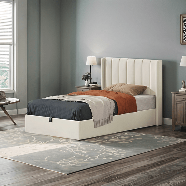 Bed –Beige Velvet Upholstered - k - Al Rugaib Furniture