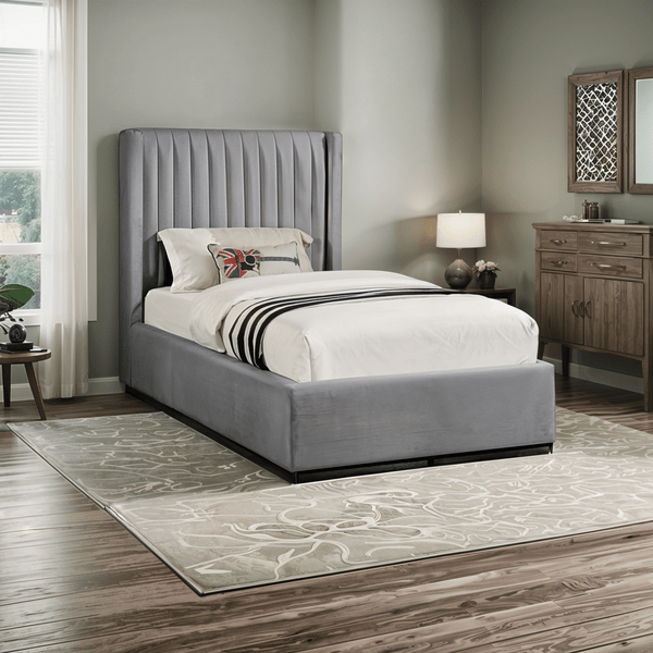 Bed –Grey Velvet Upholstered – High Headboard-w Beds| Otath