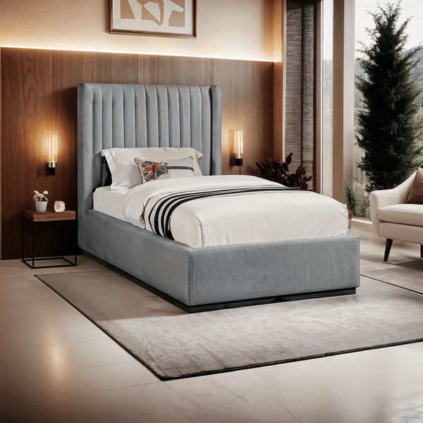 Bed –Grey Velvet Upholstered – High Headboard-w Beds| Otath