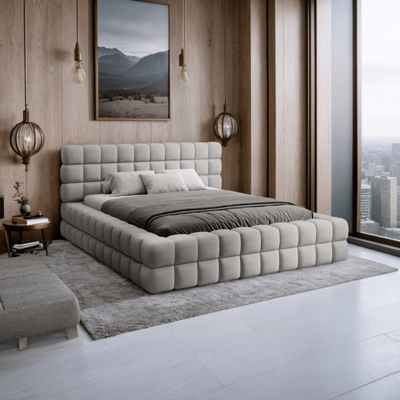 Bed – Grey Velvet Upholstered - l - Al Rugaib Furniture