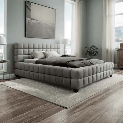 Bed – Grey Velvet Upholstered - l - Al Rugaib Furniture