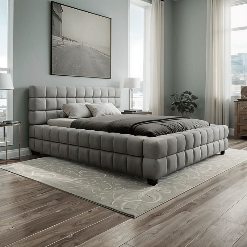 Bed – Grey Velvet Upholstered - l - Al Rugaib Furniture