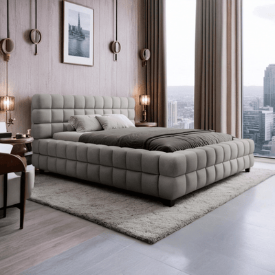 Bed – Grey Velvet Upholstered - l - Al Rugaib Furniture