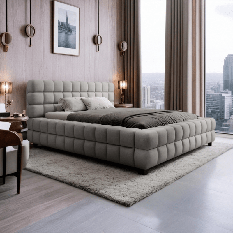 Bed – Grey Velvet Upholstered - l - Al Rugaib Furniture