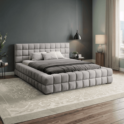 Bed – Grey Velvet Upholstered - l - Al Rugaib Furniture