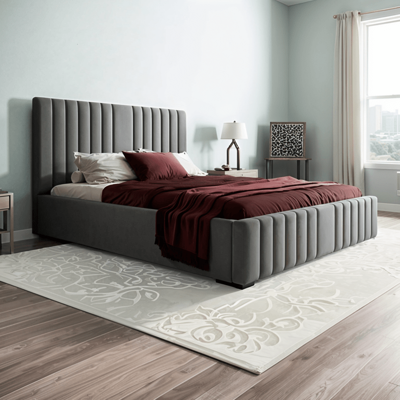 Bed – Grey Velvet Upholstered - t - Al Rugaib Furniture