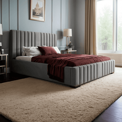 Bed – Grey Velvet Upholstered - t - Al Rugaib Furniture