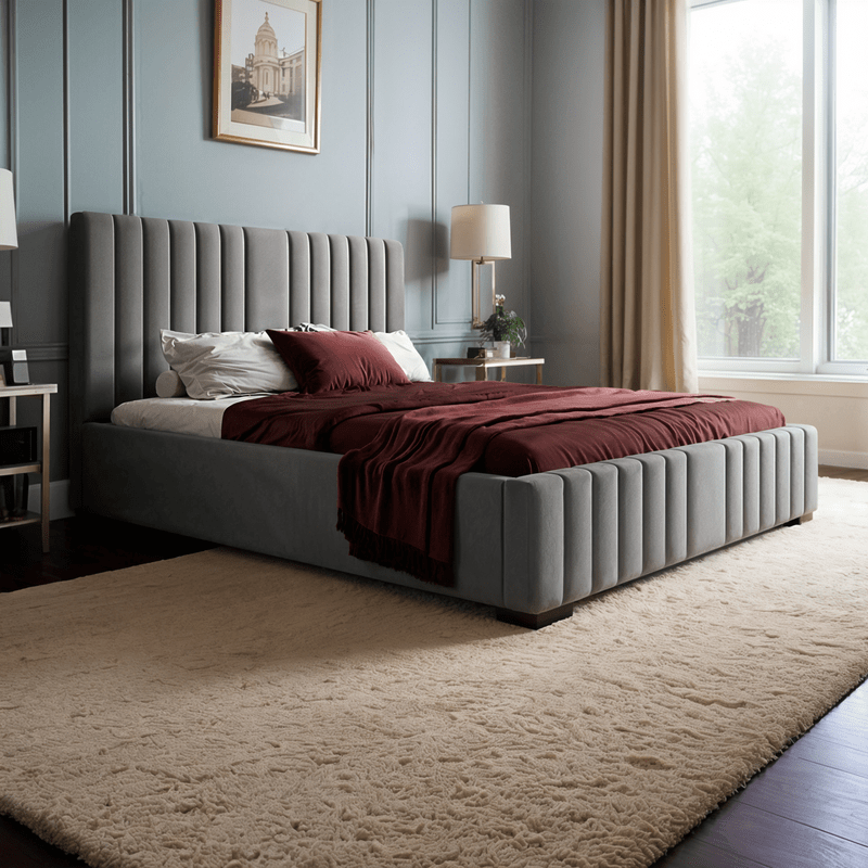 Bed – Grey Velvet Upholstered - t - Al Rugaib Furniture