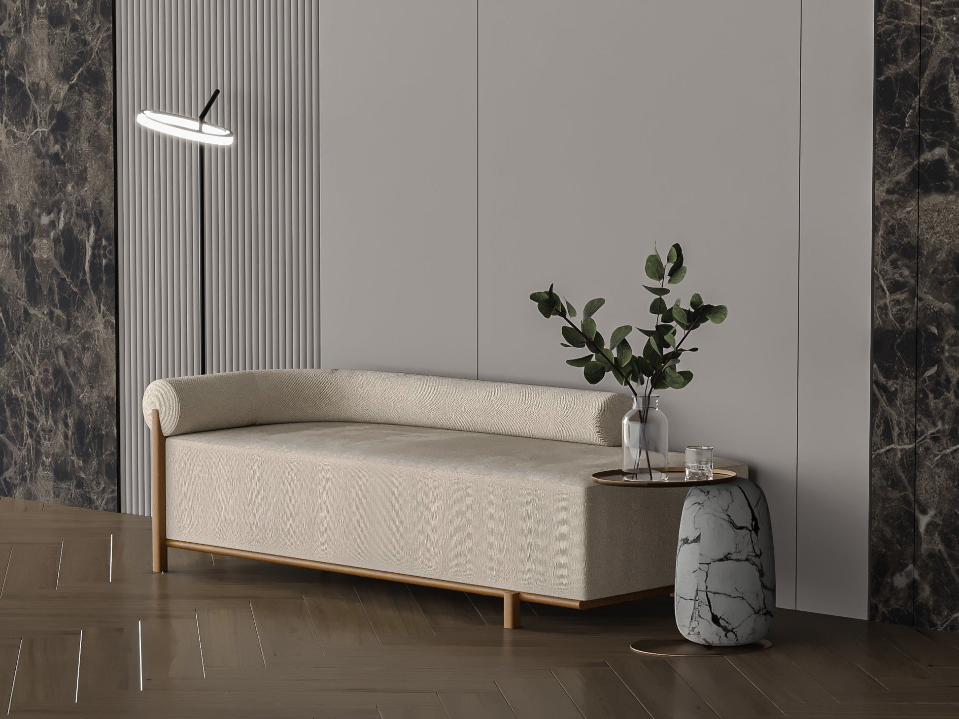 Beige Chanel fabric sofa 215x85x43 cm. Sofas & Loveseats| Oak