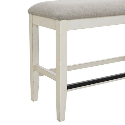 Bellevue Counter Bench with Beige Fabric in Antique White - Al Rugaib Furniture