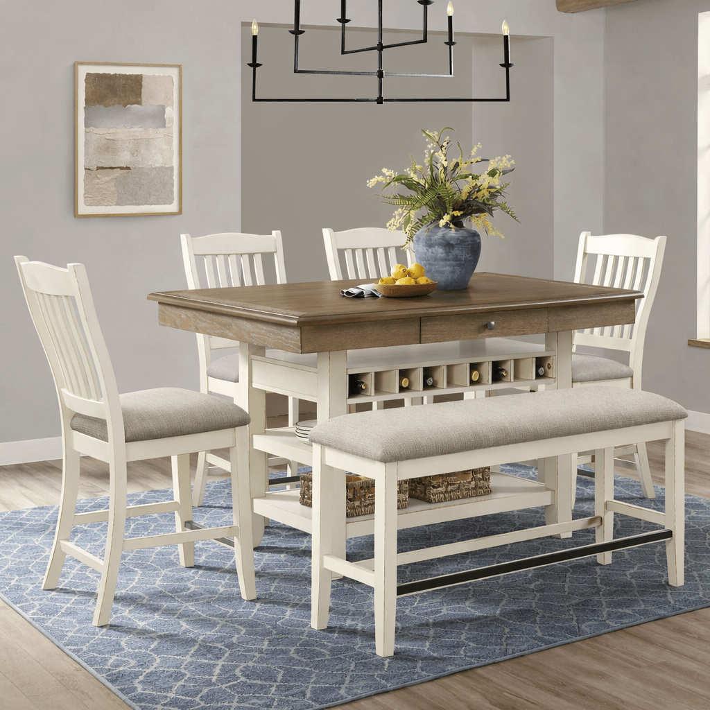 Bellevue Counter Bench with Beige Fabric in Antique White Dining Benches| Roots Furniture