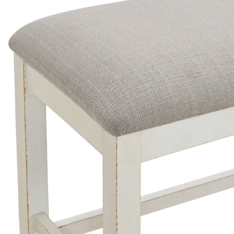 Bellevue Counter Bench with Beige Fabric in Antique White - Al Rugaib Furniture