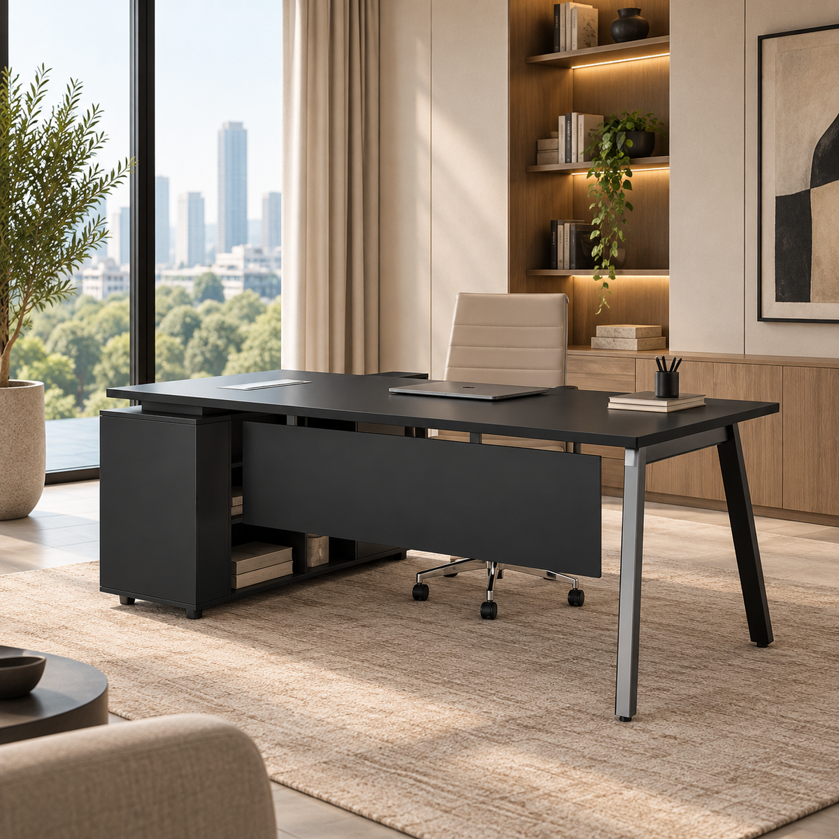 Pure Black Office Desk with Lockable Side Return - Medium