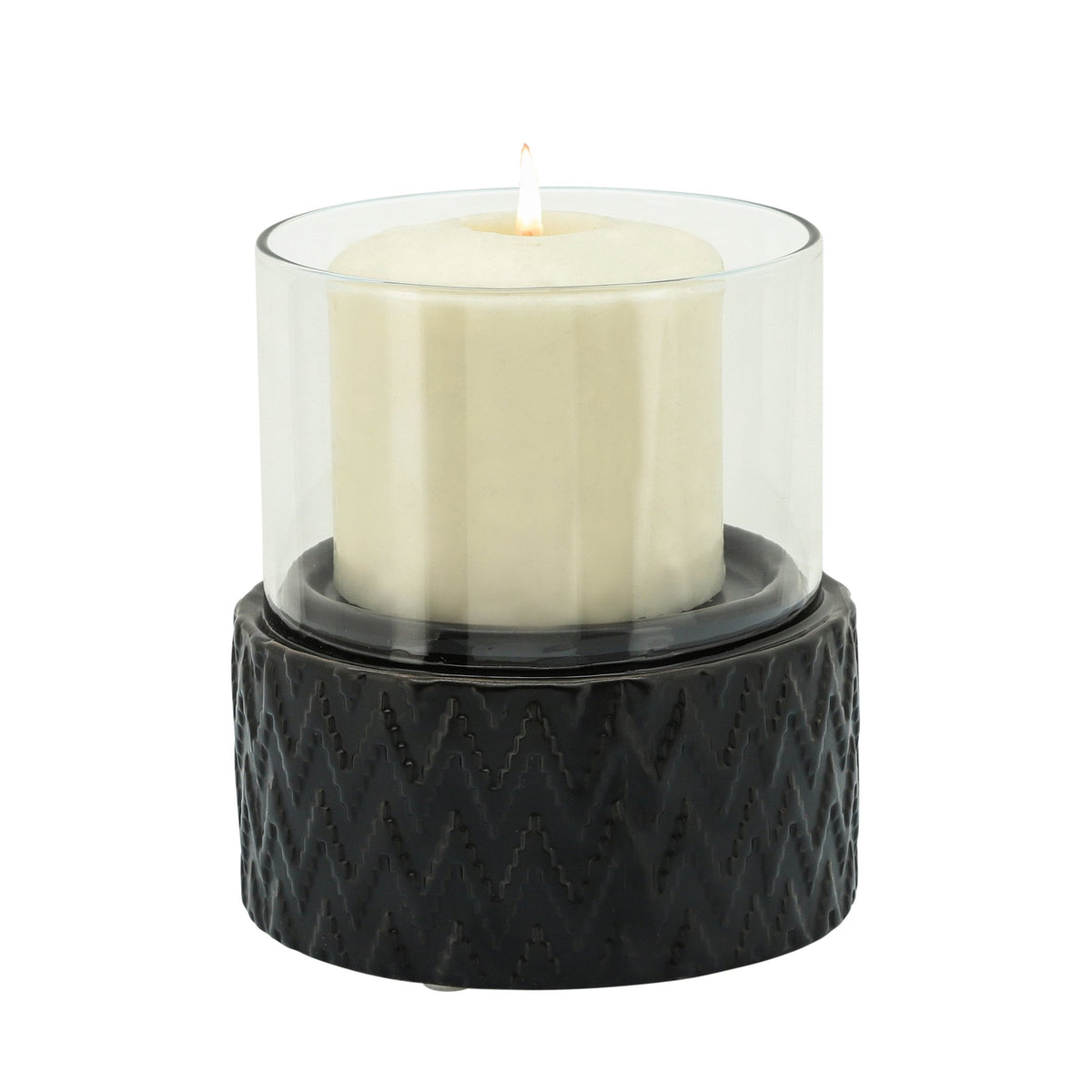 BLACK CERAMIC /GLASS 8" PILLAR HOLDER, CHEVRON Candle Holders| Sagebrook Home