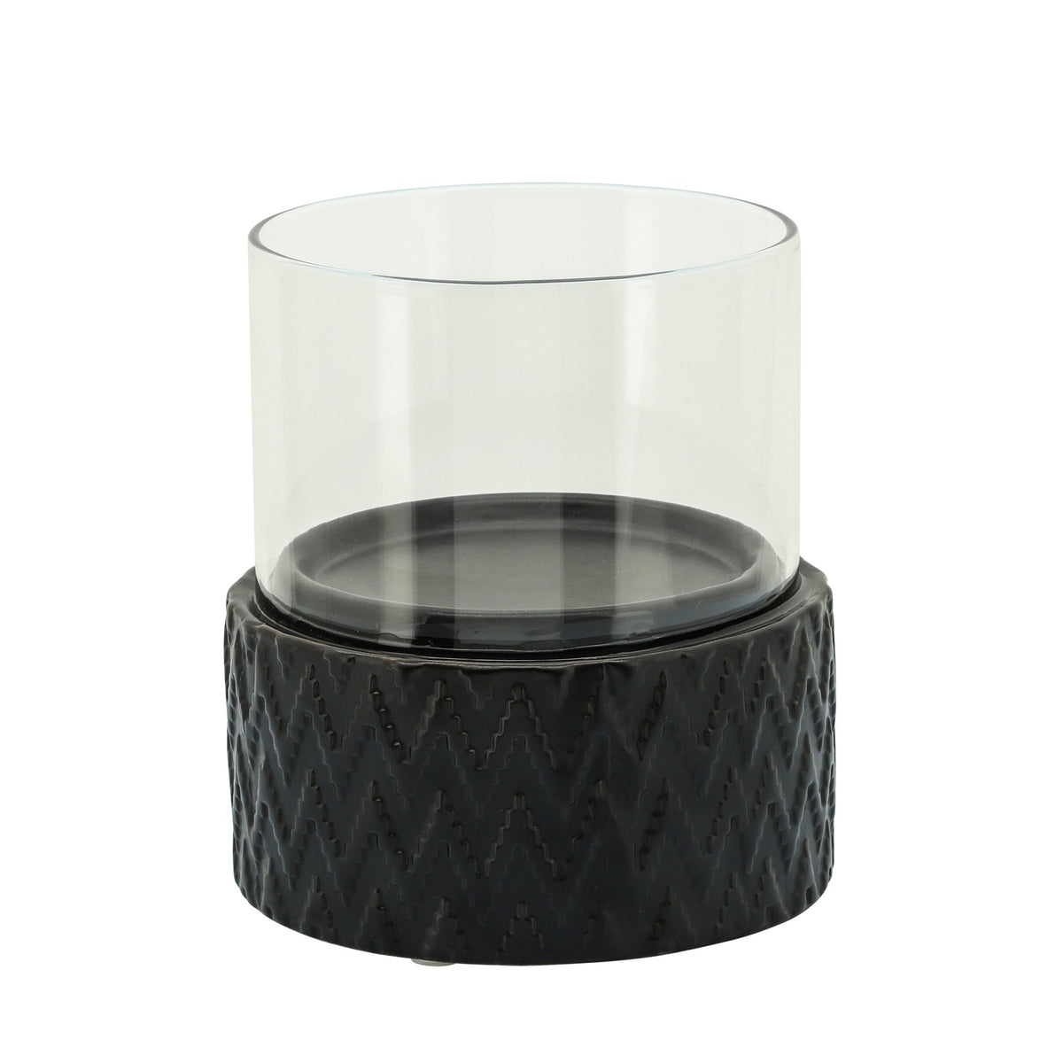 BLACK CERAMIC /GLASS 8" PILLAR HOLDER, CHEVRON Candle Holders| Sagebrook Home