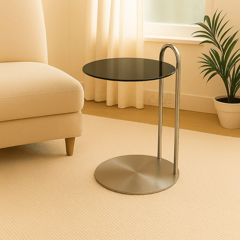 Black Glass Side Table with Sleek Silver Stainless Steel Base – Modern Design - Al Rugaib Furniture