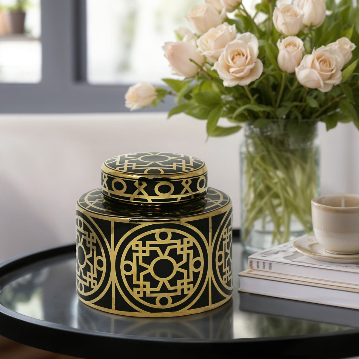 BLACK/GOLD CERAMIC JAR 7" Vases and Jars| Sagebrook Home