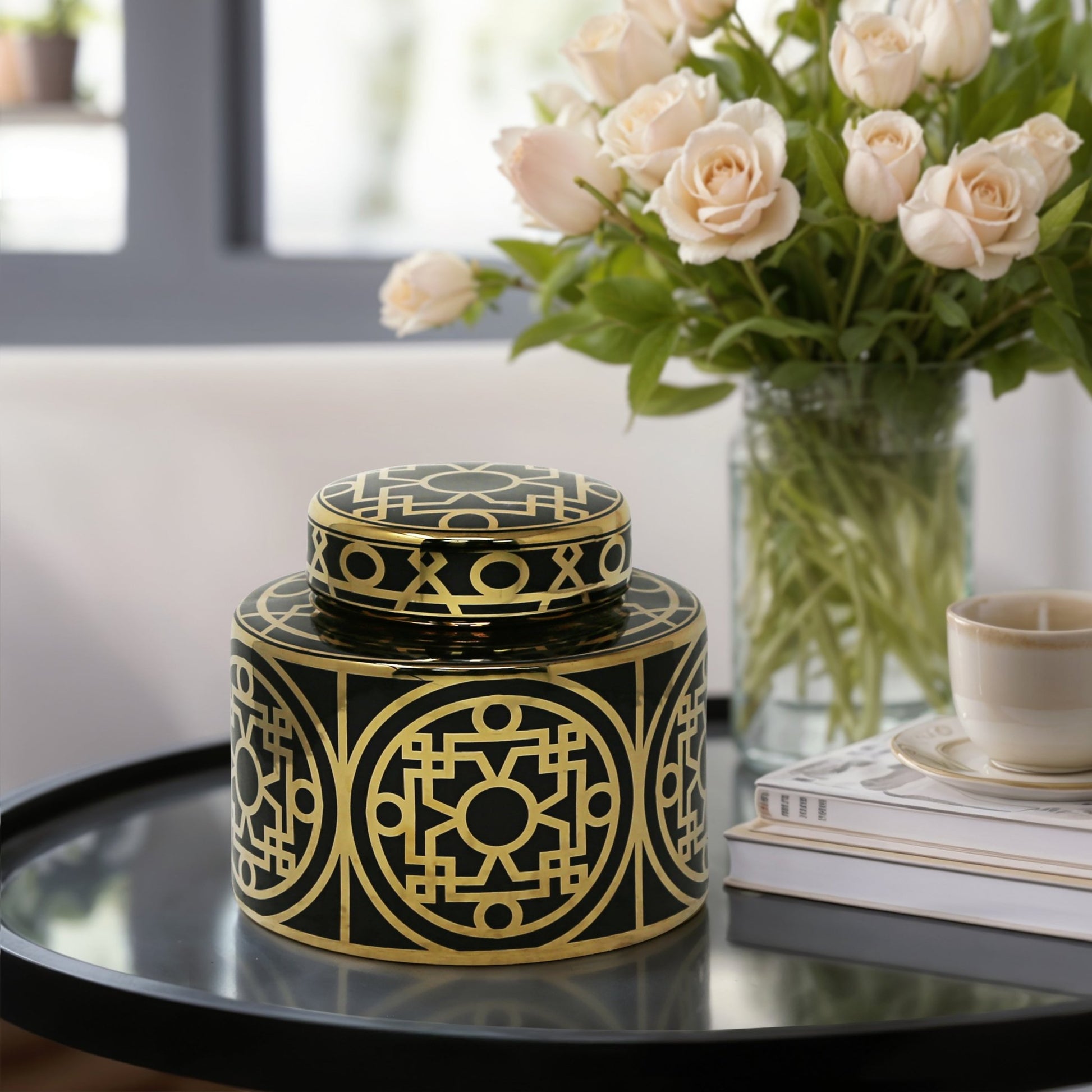 BLACK/GOLD CERAMIC JAR 7" Vases and Jars| Sagebrook Home