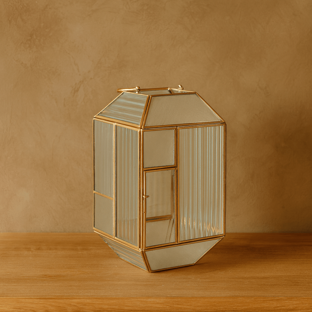 BRASS AND GLASS LANTERN GOLD SIZE 16.5X16.5X30CM Lanterns| Alrugaib Furniture X Nice