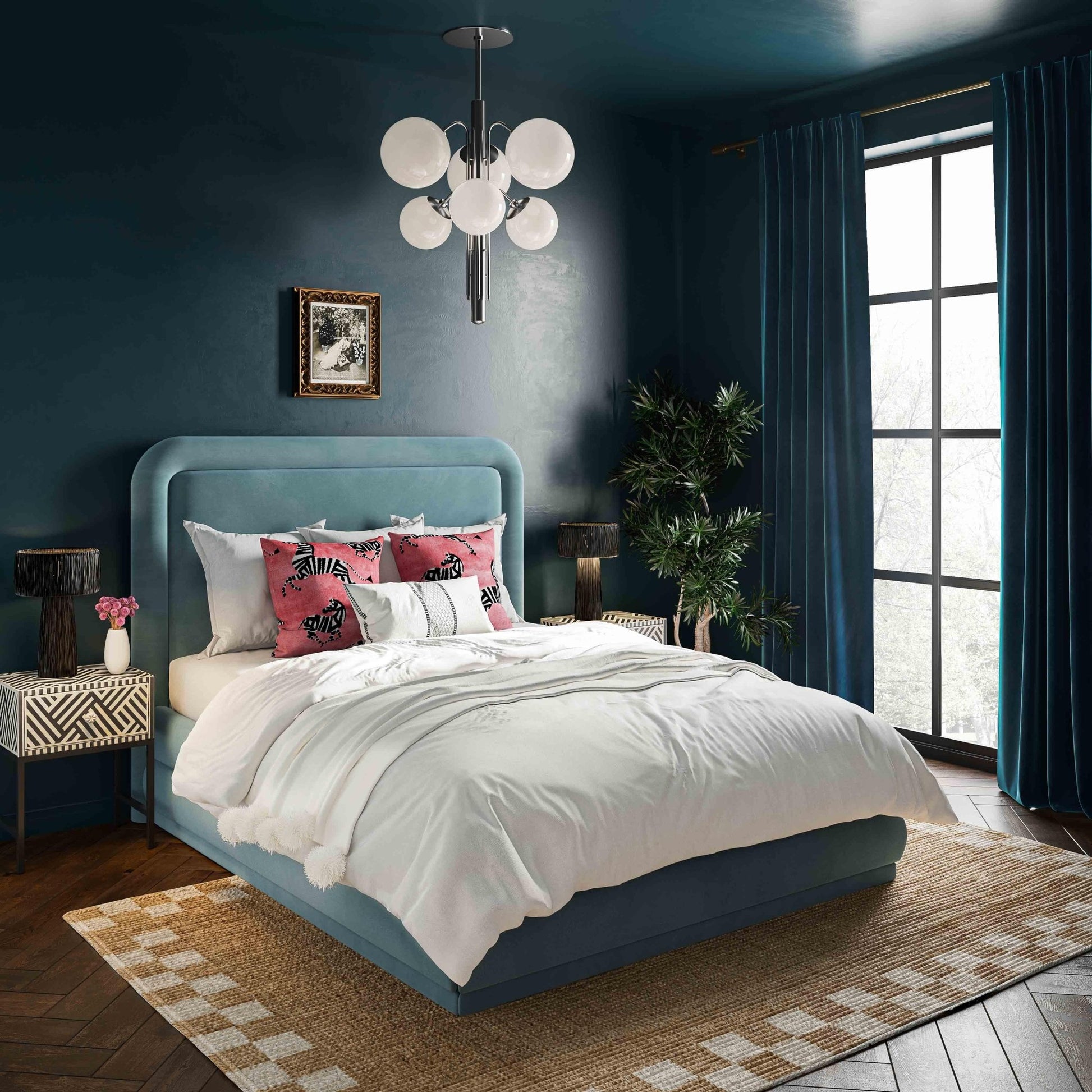 Briella Bluestone Velvet Bed in Queen Beds| TOV