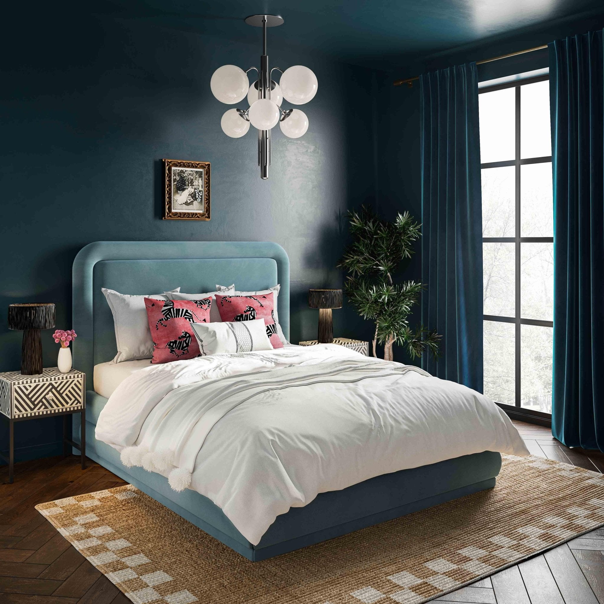 Briella Bluestone Velvet Bed in Queen Beds| TOV