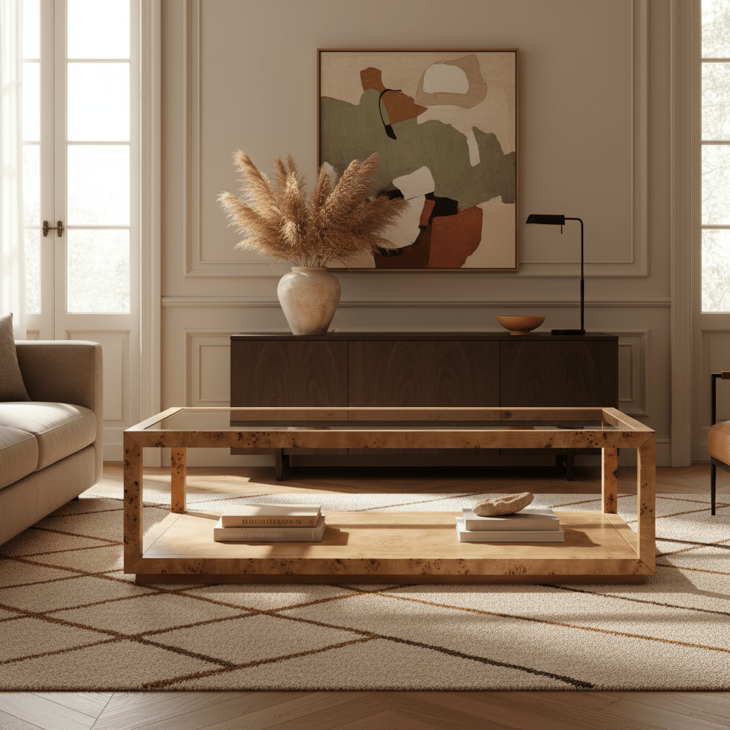 Burl Elegance Glass Coffee Table Coffee Tables| Roots Furniture