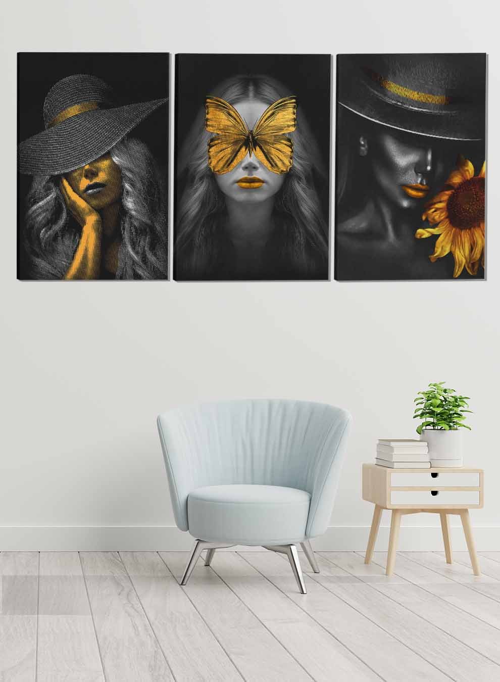 Butterfly And Woman Wearing A Hat Abstract Paintings(set of 3) Paintings & Pictures| LOWHA