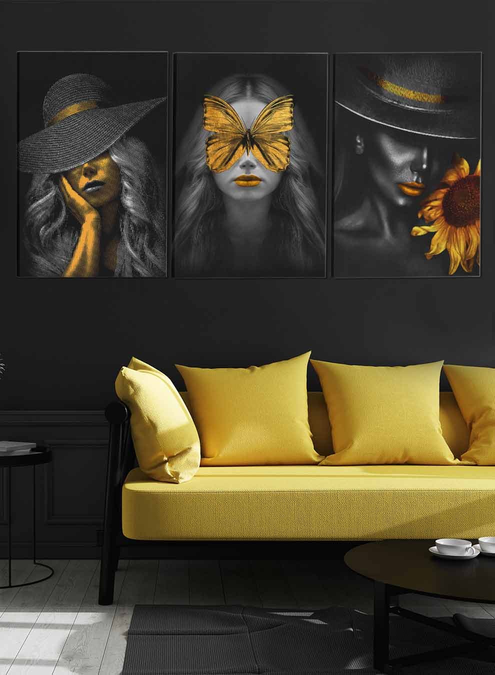 Butterfly And Woman Wearing A Hat Abstract Paintings(set of 3) Paintings & Pictures| LOWHA