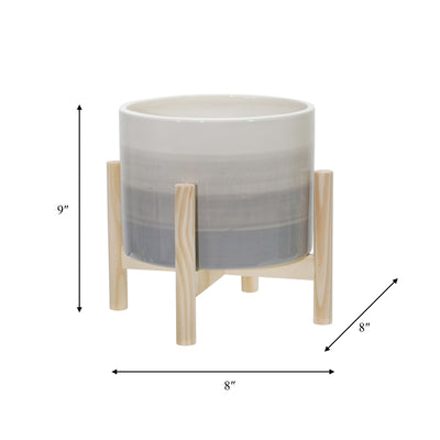 8 CERAMIC PLANTER W/ WOOD STAND, BEIGE MIX