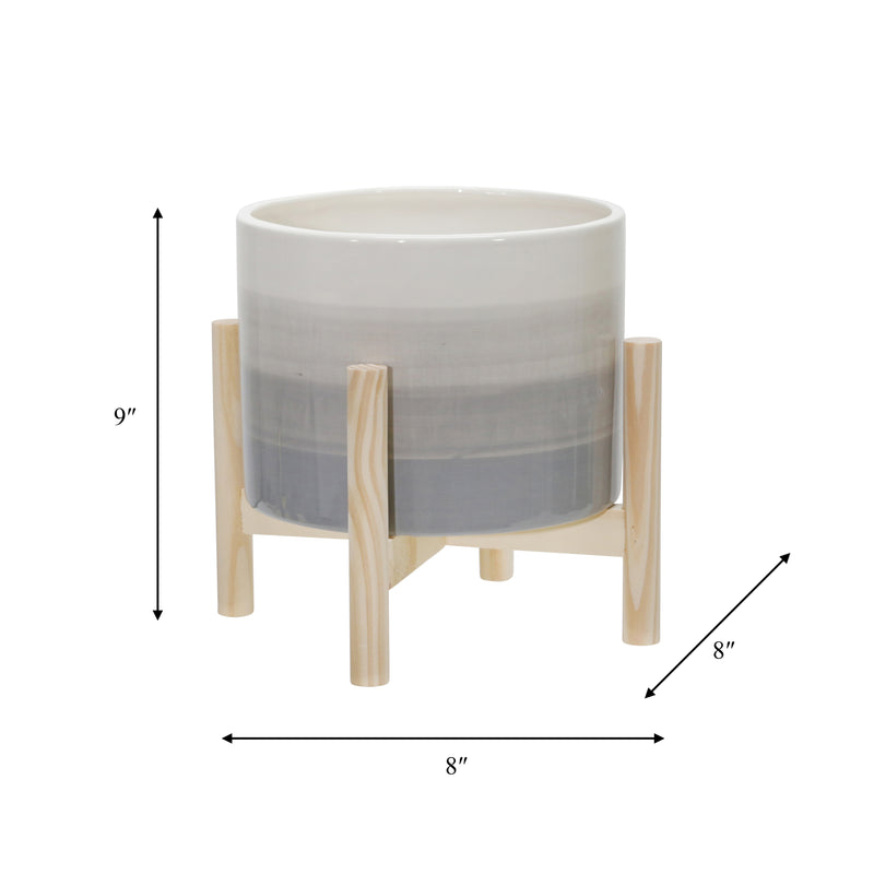 8 CERAMIC PLANTER W/ WOOD STAND, BEIGE MIX