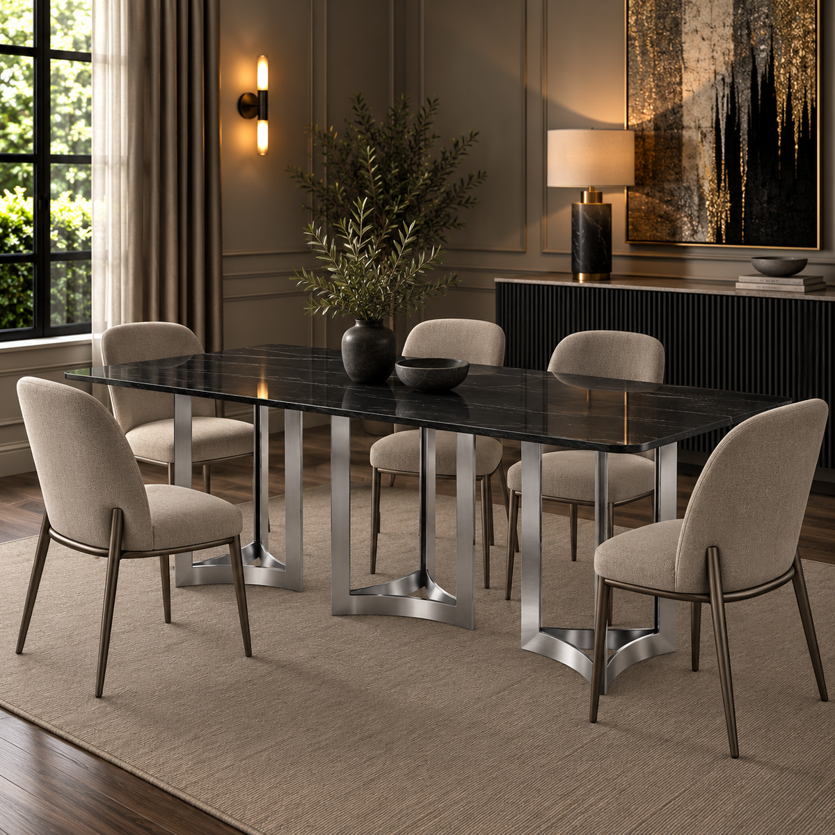 Alexa Dining Table Silver Base and 240 CM Black Marble