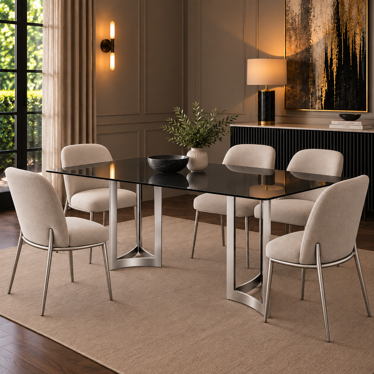 Alexa Dining Table Silver Base and 200 CM Gray Glass