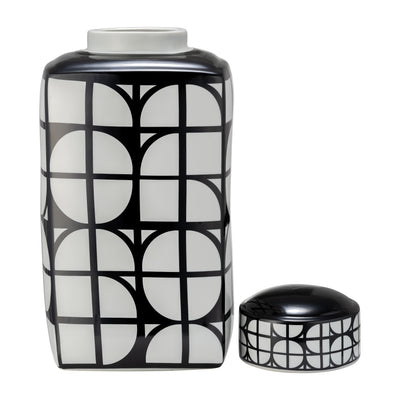 CER, 18H SQUARE JAR W/ LID, BLACK/WHITE