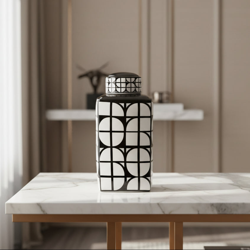 CER, 18"H SQUARE JAR W/ LID, BLACK/WHITE Vases and Jars| Sagebrook Home
