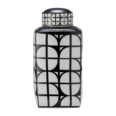 CER, 18H SQUARE JAR W/ LID, BLACK/WHITE