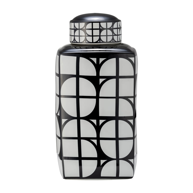 CER, 18H SQUARE JAR W/ LID, BLACK/WHITE